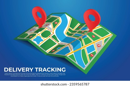 Vector folded maps with red color location markers delivery city location is here concept design