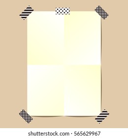 Vector folded paper sticker with scotch tape. Empty vertical note paper background
