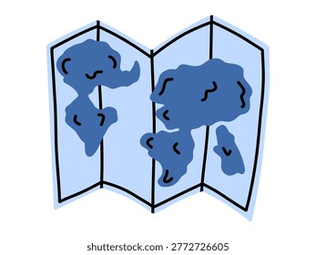 Vector folded world map with blue continent shape on light blue background. Simple travel navigation illustration in doodle flat style for vacation, trip planning and adventure theme.