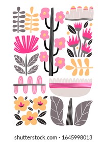Vector folk art background with flowers and ornament isolated on white. Pattern illustration
