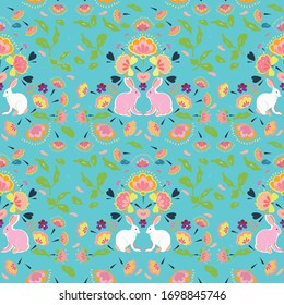 Vector folk art boho vibrant easter bunny pattern on white turquoise background. Happy spring design. Event and holidays. Surface pattern design.