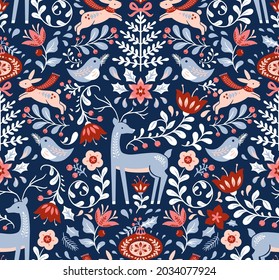 Vector Folk Art Christmas Symmetrical Pattern on Blue Background