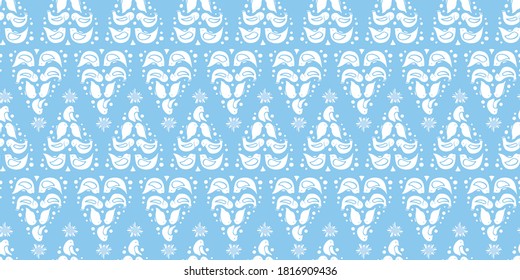 Vector folk art christmas tree seamless pattern. Lace style design with bird, star and snow flake in blue tones. All over print. Perfect for christmas season and winter holiday.