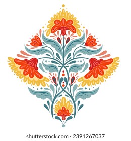 Vector folk art clipart of symmetrical red flowers and stems with foliage on isolated from background. Decorative illustration of floral composition for invitation and postcard.