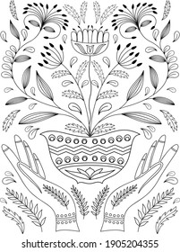 Vector Folk art coloring page ornament with hands, teapot, teacup and flowers, Scandinavian design, floral composition. Swedish and Norwegian motives