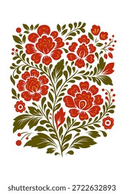 Vector folk art decorative floral card. Slavic tracery ornament with red flowers on white background for invitation, postcard