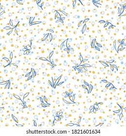 Vector folk art ditsy floral dot pattern. Vintage kitchen line art floral design. Line art florals on white dotted background. Country style nature background. Perefect for kitchen ware, wallpaper and
