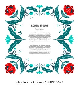 Vector folk art frame, flowers, floral ornament and text isolated on white background. Scandinavian and Norwegian style greeting card