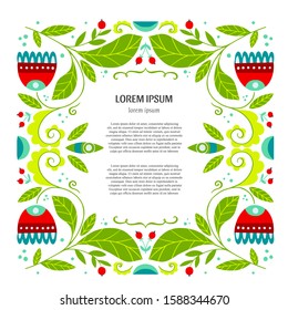 Vector folk art frame, flowers, floral ornament and text isolated on white background. Scandinavian and Norwegian style greeting card