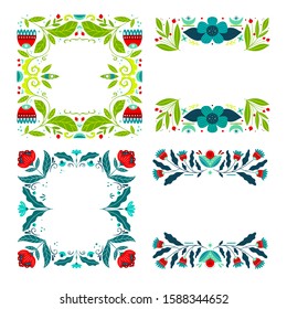 Vector folk art frame set with flowers, floral ornament  isolated on white background. Scandinavian and Norwegian style greeting card