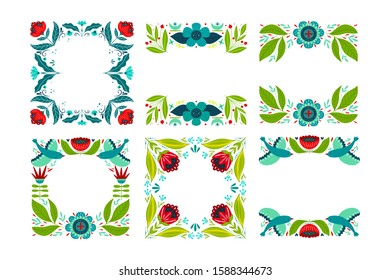Vector folk art frame set with flowers,birds, floral ornament  isolated on white background. Scandinavian and Norwegian style greeting card