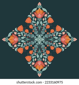 Ilustración de arte folclórico vectorial con composición de mandala floral geométrica sobre un fondo verde oscuro. Pieza botánica redonda con flores decorativas. Postal con plantas simétricas