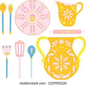 Vector folk art illustration set, vintage kitchen ware, ornate table utensils clip art