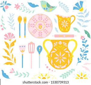 Vector folk art illustration set, vintage kitchen ware, table utensils, flowers clip art