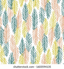 Vector folk art leaves seamless pattern. Scandinavian style foliage design. Cute repeat illustration great for scrapbooking, fabric, wallpaper.