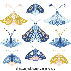 Vector folk art moths set isolated on a white background