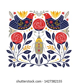 Vector Folk art ornament  with birds, roses, and bug, Scandinavian design, floral composition.  Swedish and Norwegian motives