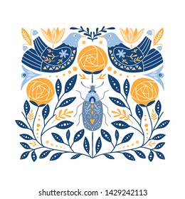 Vector Folk art ornament  with birds, roses, and bug, Scandinavian design, floral composition.  Swedish and Norwegian motives