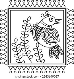 El arte vectorial folk ornamenta con aves, animales, hojas y flores, diseños indios y composición. Kalamkari, motivos de Madhubani para la impresión textil, logotipo, papel tapiz 