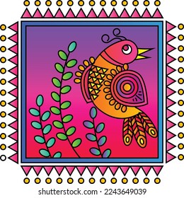 Vector Folk art ornament with birds, animals, leaves, and flowers, Indian designs, and composition. Kalamkari, Madhubani motives for textile printing, logo, wallpaper 