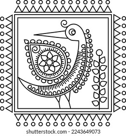 El arte vectorial folk ornamenta con aves, animales, hojas y flores, diseños indios y composición. Kalamkari, motivos de Madhubani para la impresión textil, logotipo, papel tapiz 