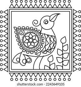 El arte vectorial folk ornamenta con aves, animales, hojas y flores, diseños indios y composición. Kalamkari, motivos de Madhubani para la impresión textil, logotipo, papel tapiz 