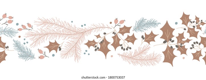 Vector Folk art ornament. Christmas isolated illustration. Natural botanical seamless pattern for New Year floral border and holiday frame design. Winter sale fair pattern. Xmas panoramic decorations.