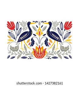 Vector Folk art ornament  with herons and flowers, Scandinavian design, floral composition.  Swedish and Norwegian motives