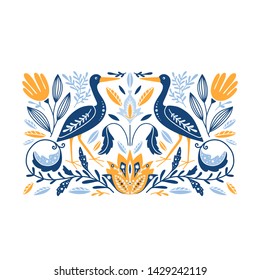 Vector Folk art ornament  with herons and flowers, Scandinavian design, floral composition.  Swedish and Norwegian motives