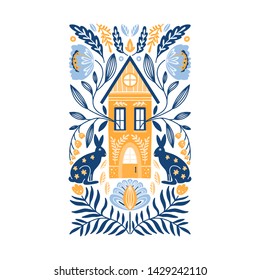 Vector Folk art ornament  with house, rabbits, and flowers, Scandinavian design, floral composition.  Swedish and Norwegian motives