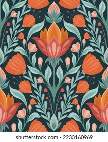 Vector folk art pattern with floral rhombus composition on dark green background. Botanical texture with geometric decorative flowers in tile. Backdrop with symmetrical bloom plants