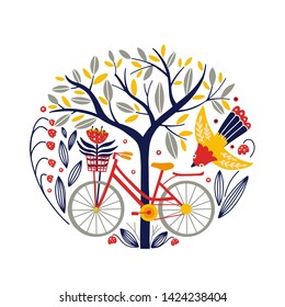 Vector Folk art round ornament  with bike, bird, tree and flowers, Scandinavian design in circle, floral composition.  Swedish and Norwegian motives