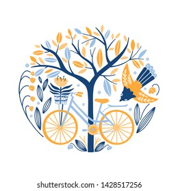 Vector Folk art round ornament  with bike, bird, tree and flowers, Scandinavian design in circle, floral composition.  Swedish and Norwegian motives