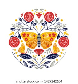 Vector Folk art round ornament  with butterflies, roses, and flowers, Scandinavian design in circle, floral composition.  Swedish and Norwegian motives