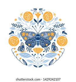 Vector Ornamento redondo de arte folclórica com borboletas, rosas e flores, design escandinavo em círculo, composição floral. Motivos suecos e noruegueses