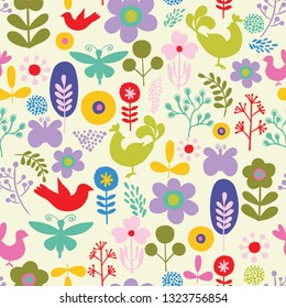 Vector folk art seamless pattern. Perfect for fabric, wallpaper, wrapping paper, invitations, card, scrapbooking projects. Silhouettes. Surface pattern design.