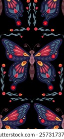 Vector folk art seamless pattern with tracery butterfly on black background. Decorative texture with flying insect with floral ornament for wallpaper and textile