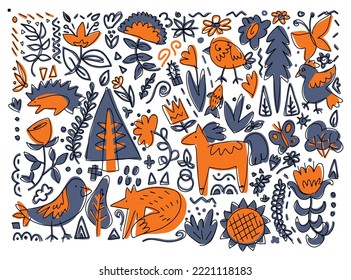 Vector folk art style. Folkart illustration with butterflies, animals, and floral elements.