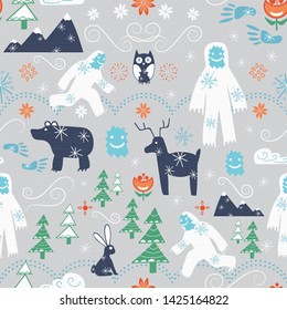 Vector folk art Yeti with winter forest critters and flowers seamless pattern design. Perfect for wallpaper, scrapbooking, or children's textiles.