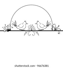 vector folk  background with flowers and birds in black and white colors