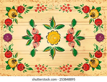 Vector folk background on wood texture. Russian style. Painting. Ethnic. Flowers.