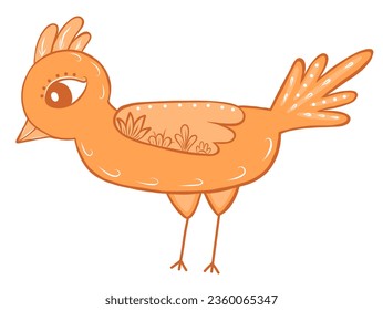 Pájaro folclórico vectorial con pappus y patrón floral en color naranja
