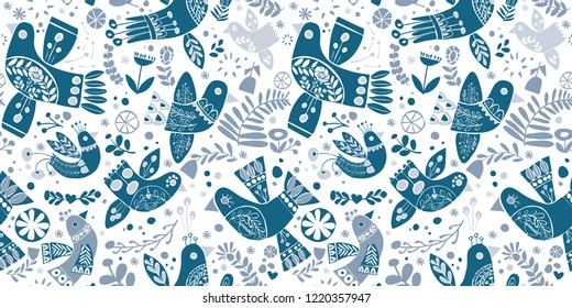 Vector folk christmas blue birds seamless pattern on white background. Ideal for fabric, textiles, print on demand, stationery. Use on Holidays like Christmas and Valentine's day.