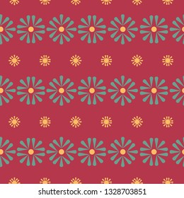 Vector Folk Daisies on red seamless pattern background. Perfect for fabric, wallpaper and scrapbooking projects also trendy Fashion Print, Kitchenware and Floral Packaging.