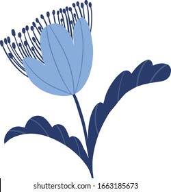 Vector  folk, ethnic floristic with primitive blue flowers with  leaves on a stalk on a white isolated background. Use as wallpaper, wrapping paper, textile, clothing,  design, postcard, case for phon