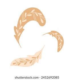 Vector Folk flat fantasy feathers in muted colors. isolated on white background. Animalistic illustration in boho style. Ideal for decor, printout, decoration