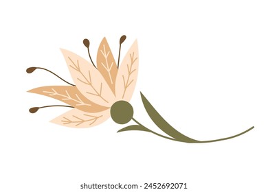 Vector Folk flat fantasy flower in muted colors isolated on white background. Botanical illustration in boho style. Ideal for decor, printout, decoration