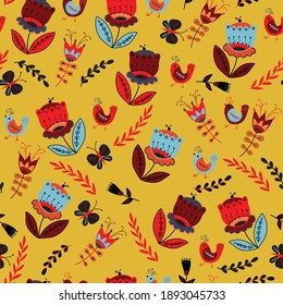 Flores folclóricas vectoras y aves de color amarillo sin fisuras