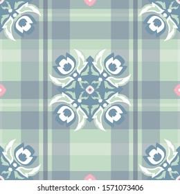 Vector Folk Flowers Paper Cutting Art on Plaid inspired seamless pattern background.