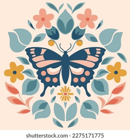 Vector Folk graphic ornament with butterfly, flowers, and herbs. Rustic modern spring print. Isolated retro floral ethnic composition. Elegant natural tone graphic.